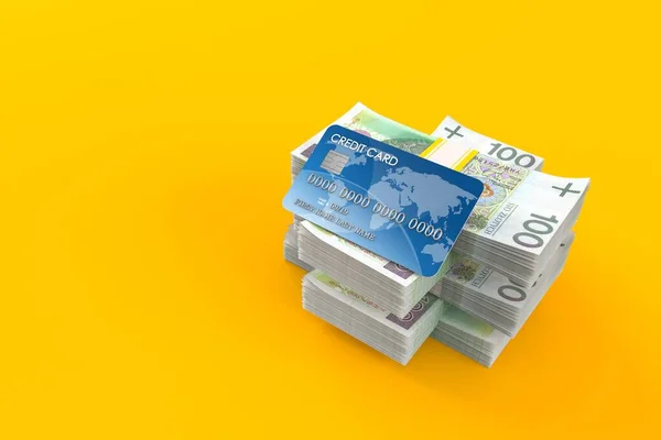 Kreditkarte Auf Einem Stapel Geld Isoliert Auf Orangefarbenem Hintergrund Illustration — Stockfoto