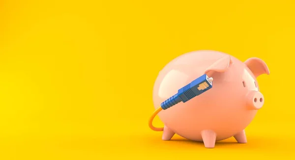 Piggy Bank Met Optische Kabel Geïsoleerd Oranje Achtergrond Illustratie — Stockfoto