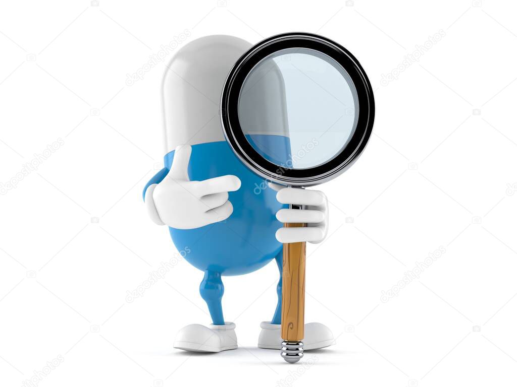 Pill character with magnifying glass isolated on white background. 3d illustration