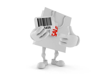 Beyaz arka planda barkod tutan alışveriş torbası karakteri. 3d illüstrasyon