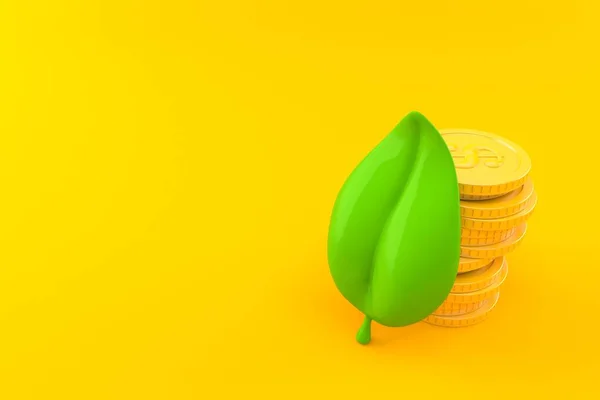 オレンジの背景に孤立したコインのスタックと葉 3Dイラスト — ストック写真