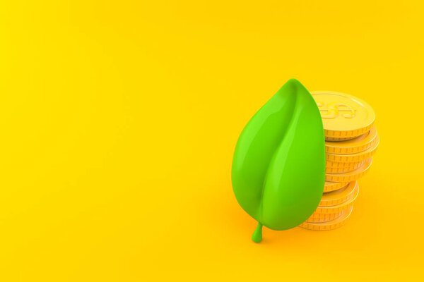 Leaf with stack of coins isolated on orange background. 3d illustration