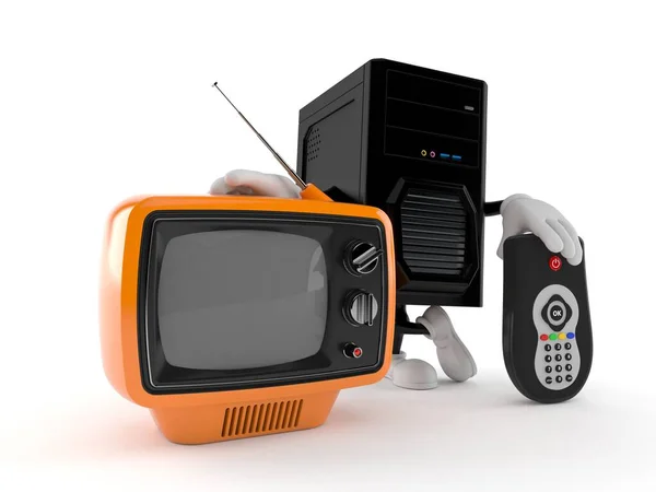 Computerfigur Mit Fernseher Und Fernbedienung Isoliert Auf Weißem Hintergrund Illustration — Stockfoto