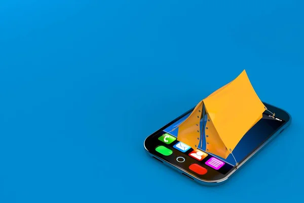 Zelt Auf Smartphone Isoliert Auf Blauem Hintergrund Illustration — Stockfoto