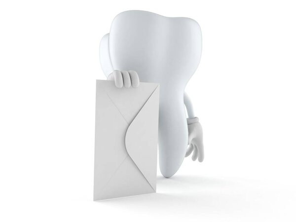 Tooth character with envelope isolated on white background. 3d illustration