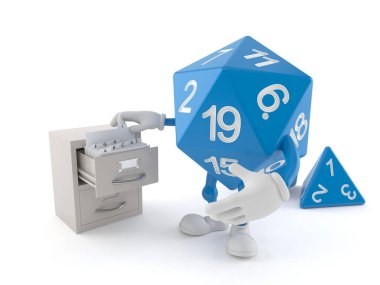 Beyaz arkaplanda arşivlenmiş RPG zar karakteri. 3d illüstrasyon