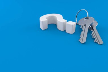 Mavi arka planda izole edilmiş kapı anahtarlı soru işareti. 3d illüstrasyon