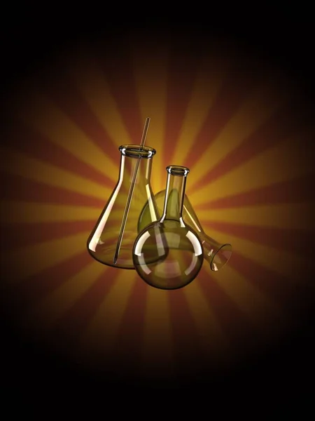 Chemistry flasks on rays background. 3d illustration