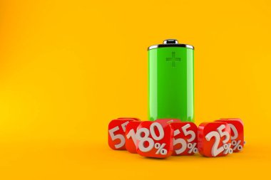 Turuncu arka planda yüzde işaretli pil. 3d illüstrasyon