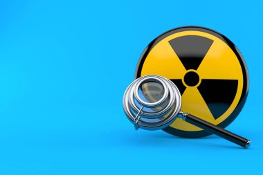 Mavi arka planda izole edilmiş büyüteç camlı radyoaktif sembol. 3d illüstrasyon