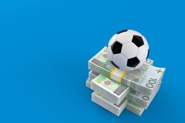 Mavi arka planda izole edilmiş para yığını üzerinde futbol topu. 3d illüstrasyon