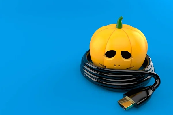 Jack Laterne Mit Hdmi Kabel Isoliert Auf Blauem Hintergrund Illustration — Stockfoto