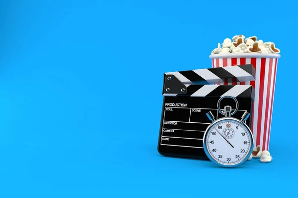 Popcorn Und Klapptafel Mit Stoppuhr Isoliert Auf Blauem Hintergrund Illustration — Stockfoto
