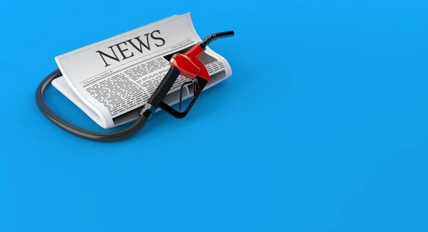 青の背景に隔離された新聞とガソリンノズル 3Dイラスト — ストック写真