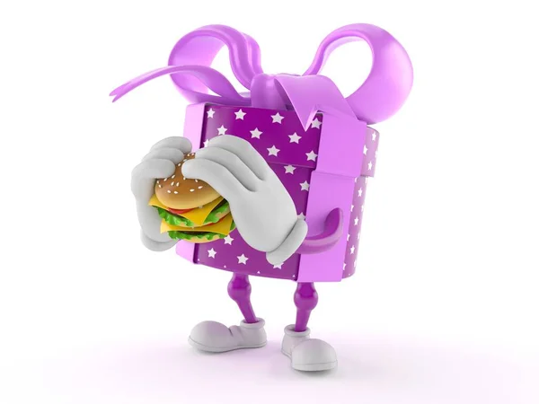 Personaje Regalo Comiendo Hamburguesa Aislada Sobre Fondo Blanco Ilustración —  Fotos de Stock