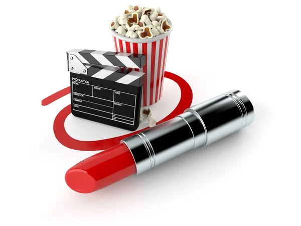 Popcorn Und Klemmbrett Mit Lippenstift Auf Weißem Hintergrund Ausgewählt Illustration — Stockfoto