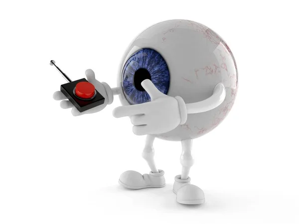Olho Bola Personagem Empurrando Botão Fundo Branco — Fotografia de Stock