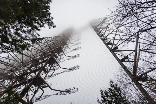 Soviet radar Duga in foggy weather. Russian woodpecker - over-the-horizon radar station near Chernobyl