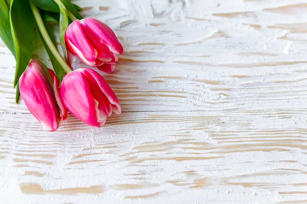 Весна рожеві тюльпани білого деревини таблиці — стокове фото
