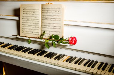piyano tuşları ve müzik kitap kırmızı gül