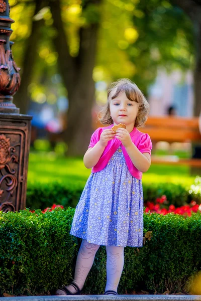 Meisje eet cookies in het park — Stockfoto