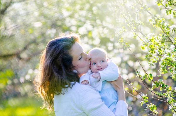 Menino com sua jovem mãe no jardim de flores — Fotografia de Stock