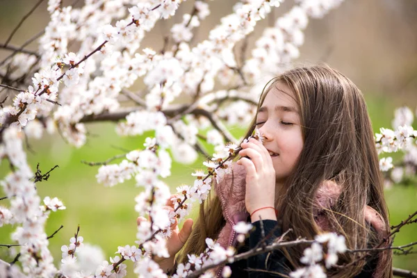 Menina feliz no jardim florescente na primavera , — Fotografia de Stock