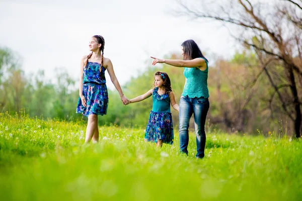 Mulher bonita com duas crianças no parque . — Fotografia de Stock