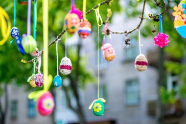 Birkaç Paskalya yumurta bir ağaç dalına asılı renkli 