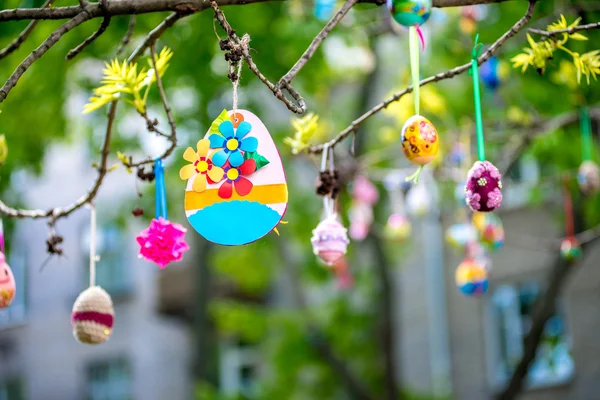 Diverse uova di Pasqua colorate appese a un ramo d'albero — Foto Stock