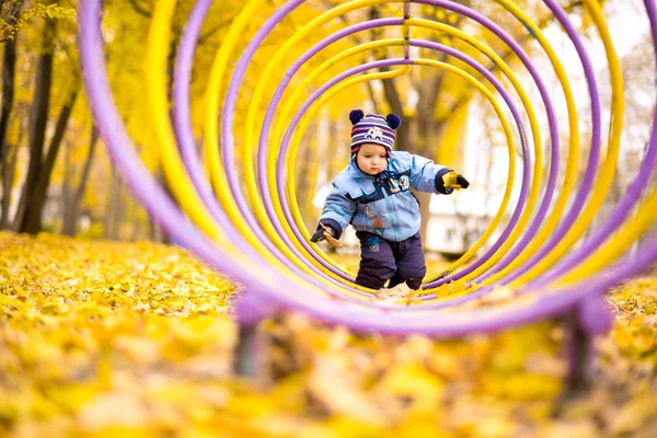Sonbahar parkta küçük oğlu — Stok fotoğraf