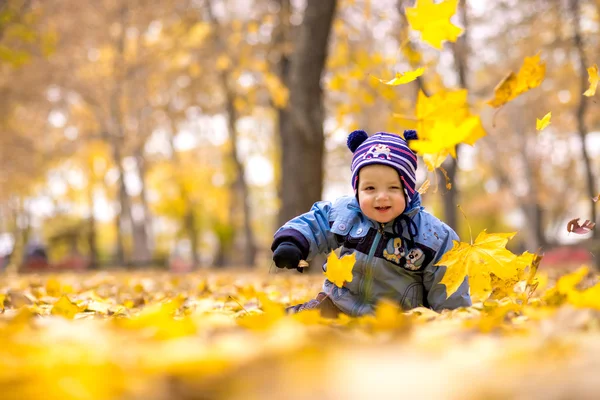 Pequeño niño en el parque de otoño — Foto de Stock