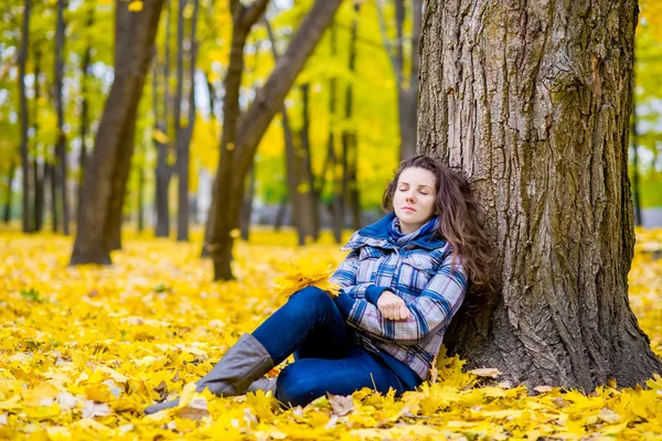 Menina senta-se perto de uma árvore, folhas amarelas queda — Fotografia de Stock