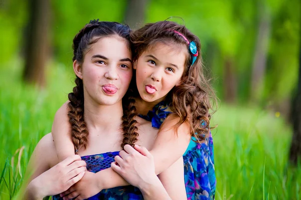 草とキュートな笑顔の上に横たわる 2 人の姉妹 — ストック写真