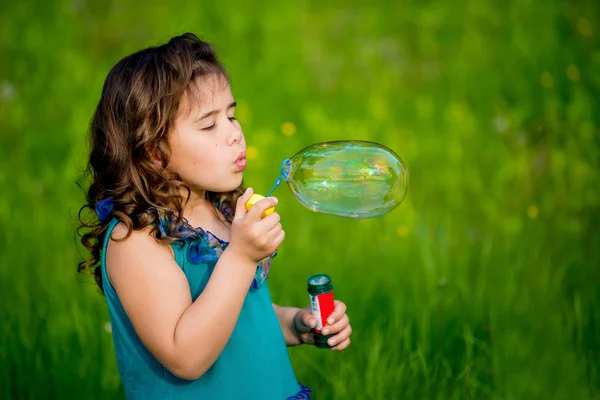 Маленькие девочки пускают пузырьки сидя на траве — стоковое фото