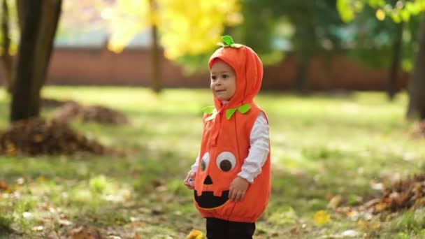 Dziecko w stroju dyni w parku jesienią bawi się żółtymi liśćmi. Halloween party — Wideo stockowe