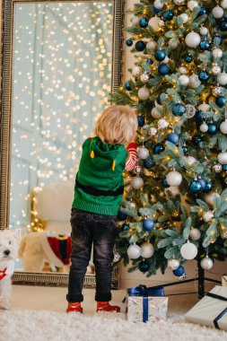 Sevimli küçük çocuk Noel ağacını toplarla süslüyor.