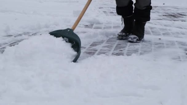 Údržbář čistí sníh plastovou lopatou — Stock video