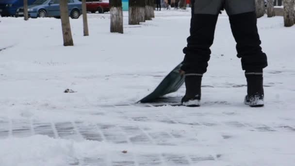 De conciërge reinigt de sneeuw met een plastic schop — Stockvideo