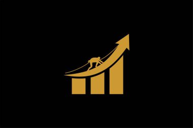 Veri grafik vektör logosuna tırmanan adam. Ticari girişim geliştirme illüstrasyonu.