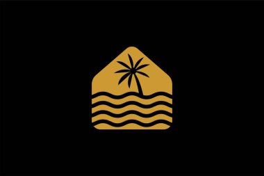 Hawaii plajı ve palmiye logosu tasarım vektörü. Ev tatil beldesi işareti sembolü.