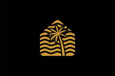 Hawaii plajı ve palmiye logosu tasarım vektörü. Ev tatil beldesi işareti sembolü.