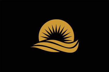Deniz dalgası logosu tasarımı. Gün batımı illüstrasyon tasarımı. Dalga ve güneş vektör simgeleri.