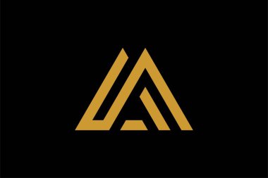 Dağ logosu tasarım vektörü. Üçgen soyut çizim sembolü. AM harfi taslak işareti. Altın macera vektör simgesi.
