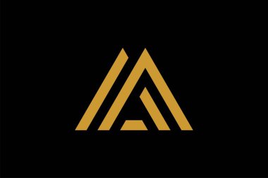 Dağ logosu tasarım vektörü. Üçgen soyut çizim sembolü. AM harfi taslak işareti. Altın macera vektör simgesi.