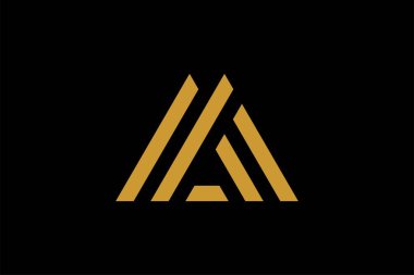 Dağ logosu tasarım vektörü. Üçgen soyut çizim sembolü. AM harfi taslak işareti. Altın macera vektör simgesi.