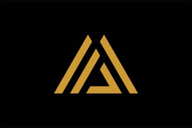 Dağ logosu tasarım vektörü. Üçgen soyut çizim sembolü. AM harfi taslak işareti. Altın macera vektör simgesi.