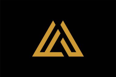 Dağ logosu tasarım vektörü. Üçgen soyut çizim sembolü. AM harfi taslak işareti. Altın macera vektör simgesi.