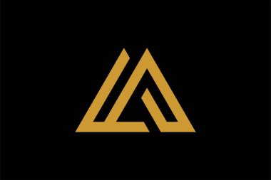 Dağ logosu tasarım vektörü. Üçgen soyut çizim sembolü. AM harfi taslak işareti. Altın macera vektör simgesi.
