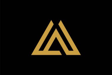 Dağ logosu tasarım vektörü. Üçgen soyut çizim sembolü. AM harfi taslak işareti. Altın macera vektör simgesi.